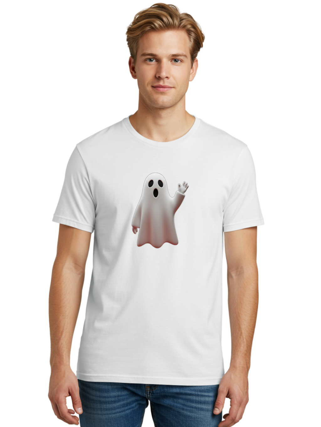 Floating-Ghost Men'S Graphic Tee, 100% Cotton, Comfortable Casual Summer Wear, Machine Washable, Cartoon Ghost, Friendly Ghost, White Ghost Character, Waving Hand, Surprised Expression, Halloween Character, 3D Illustration, Ghostly Figure Bad103
