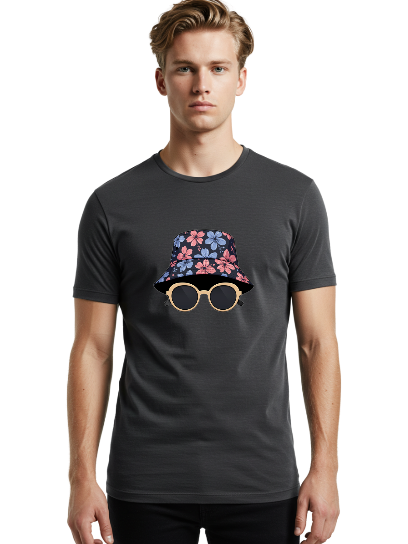 Floral-Bucket-Hat-And-Sunglasses Men'S Graphic Tee, 100% Cotton, Comfortable Casual Summer Wear, Machine Washable, Floral Bucket Hat, Sunglasses, Trendy Accessories, Fashion Statement, Summer Vibes, Stylish Hat, Cool Shades, Floral Pattern Bad104