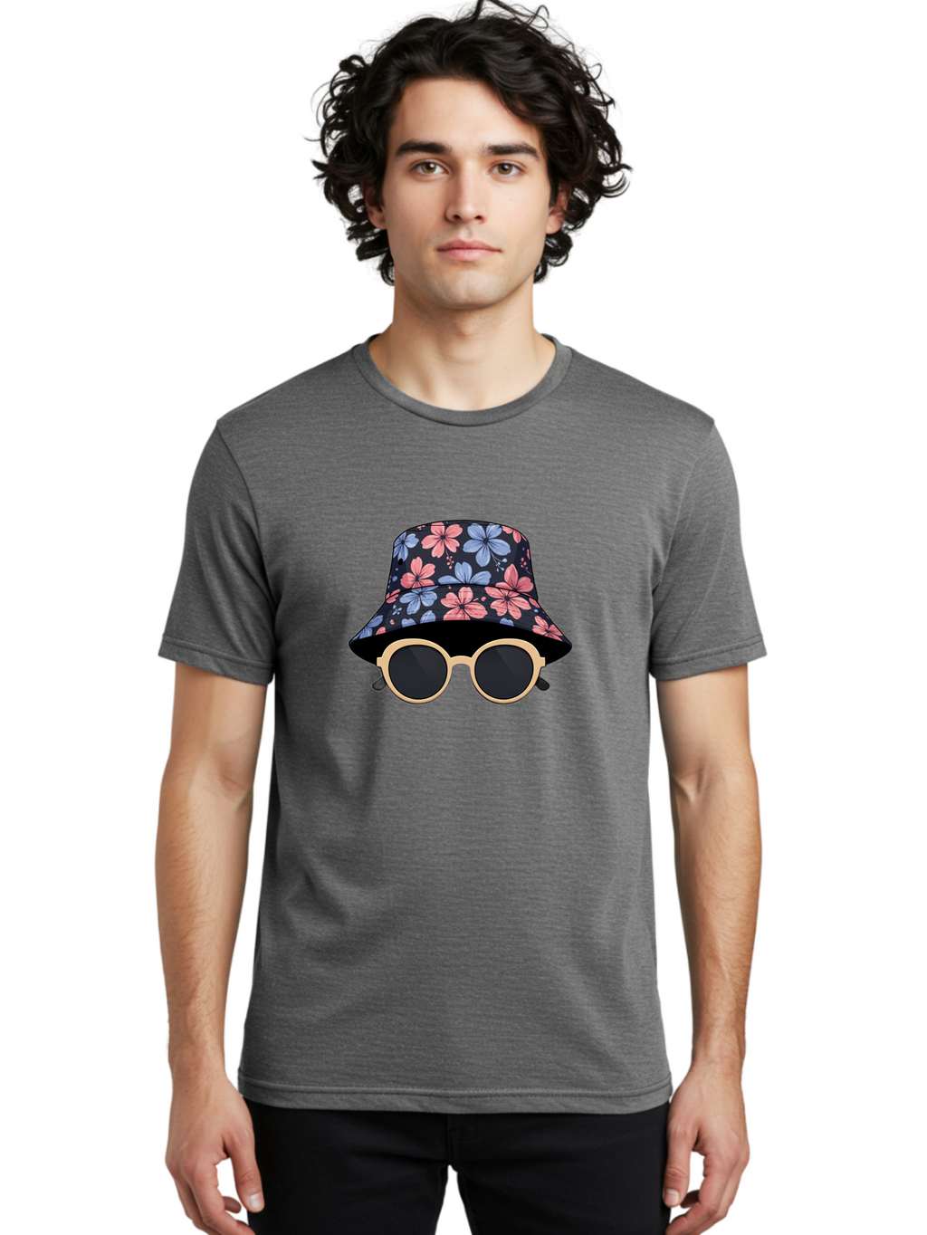 Floral-Bucket-Hat-And-Sunglasses Men'S Graphic Tee, 100% Cotton, Comfortable Casual Summer Wear, Machine Washable, Floral Bucket Hat, Sunglasses, Trendy Accessories, Fashion Statement, Summer Vibes, Stylish Hat, Cool Shades, Floral Pattern Bad104