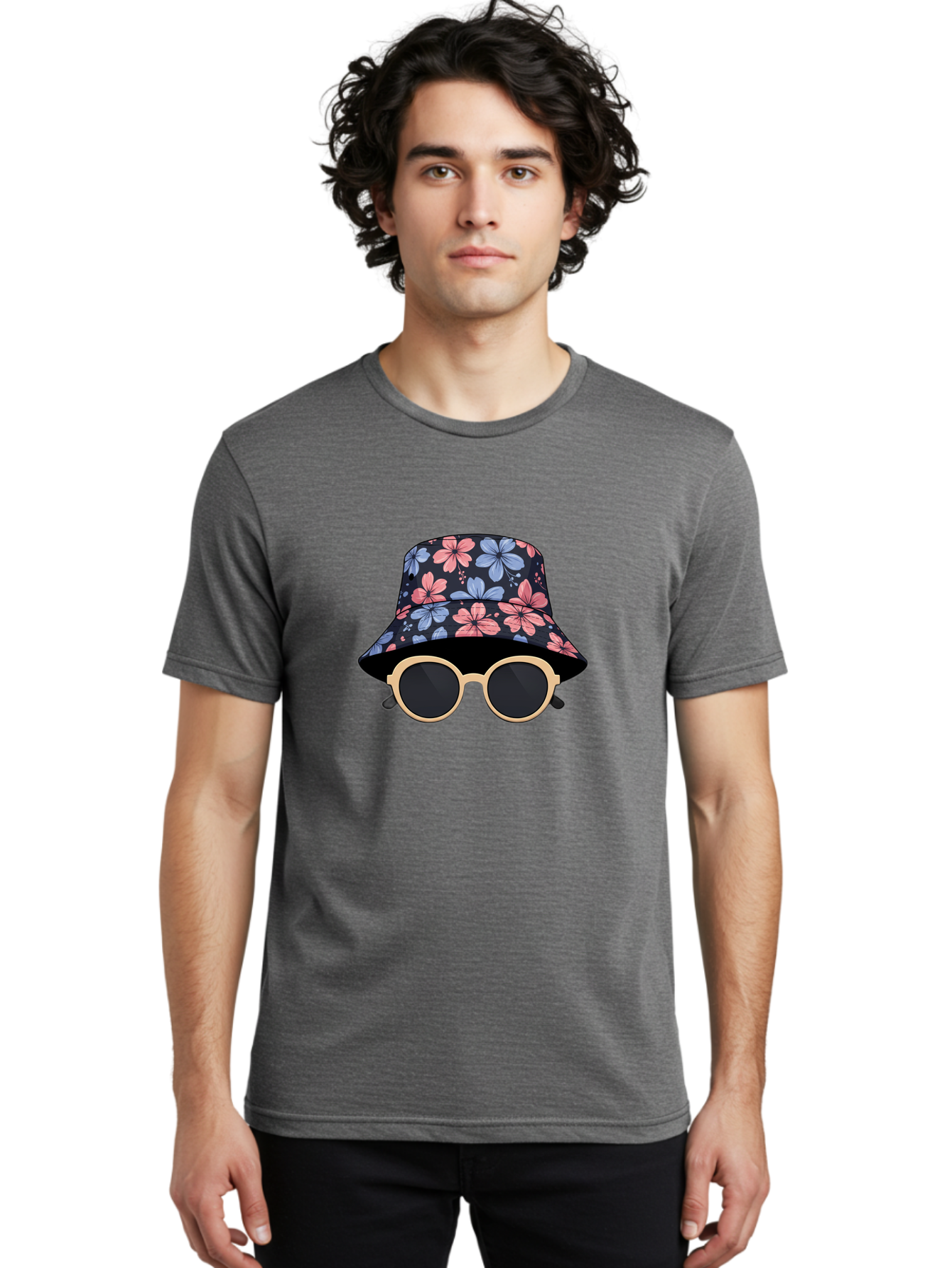 Floral-Bucket-Hat-And-Sunglasses Men'S Graphic Tee, 100% Cotton, Comfortable Casual Summer Wear, Machine Washable, Floral Bucket Hat, Sunglasses, Trendy Accessories, Fashion Statement, Summer Vibes, Stylish Hat, Cool Shades, Floral Pattern Bad104