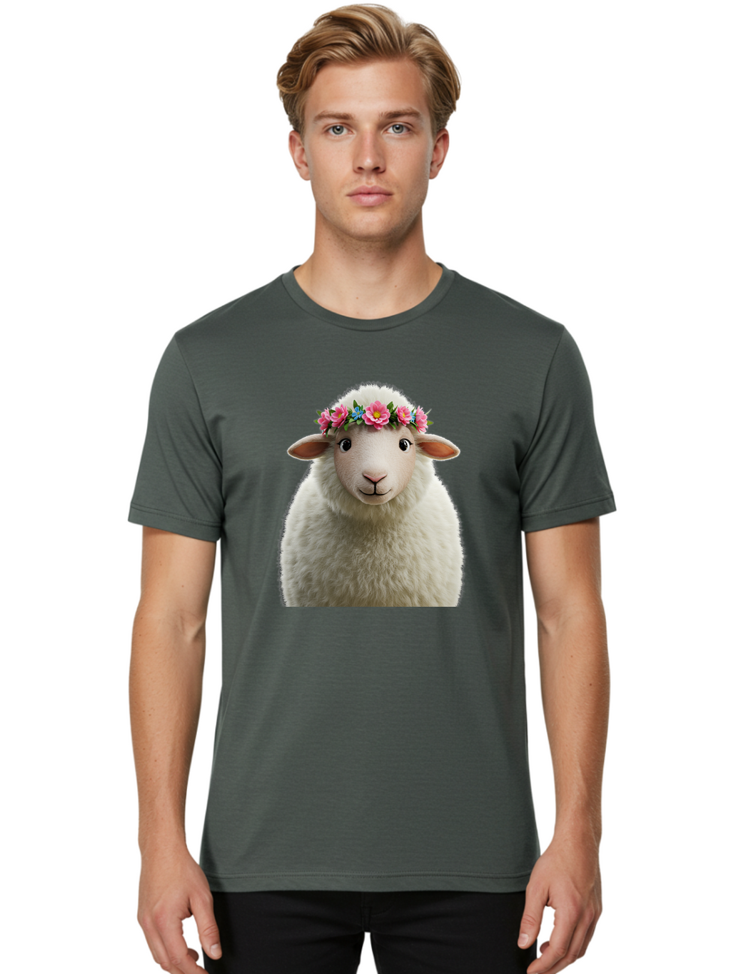Floral-Sheep-Portrait Men'S Graphic Tee, 100% Cotton, Comfortable Casual Summer Wear, Machine Washable, White Sheep, Cartoon Sheep, Floral Crown, Pink Flowers, Blue Flowers, Cute Animal, Fluffy Fur, Friendly Face, Smiling Sheep, Spring Theme, Bad105