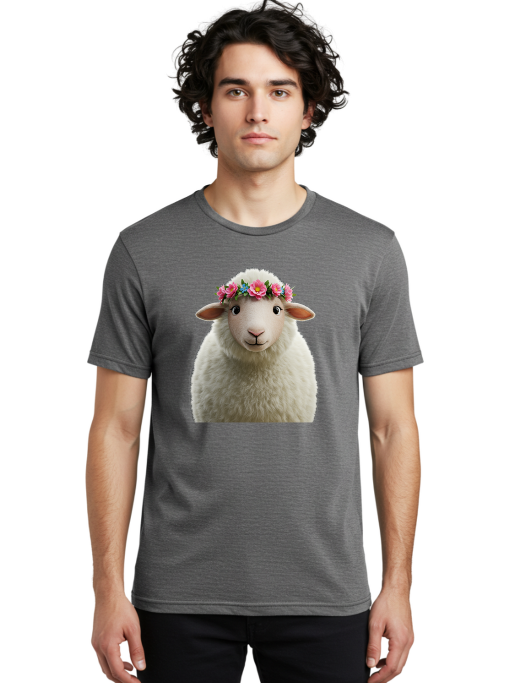 Floral-Sheep-Portrait Men'S Graphic Tee, 100% Cotton, Comfortable Casual Summer Wear, Machine Washable, White Sheep, Cartoon Sheep, Floral Crown, Pink Flowers, Blue Flowers, Cute Animal, Fluffy Fur, Friendly Face, Smiling Sheep, Spring Theme, Bad105