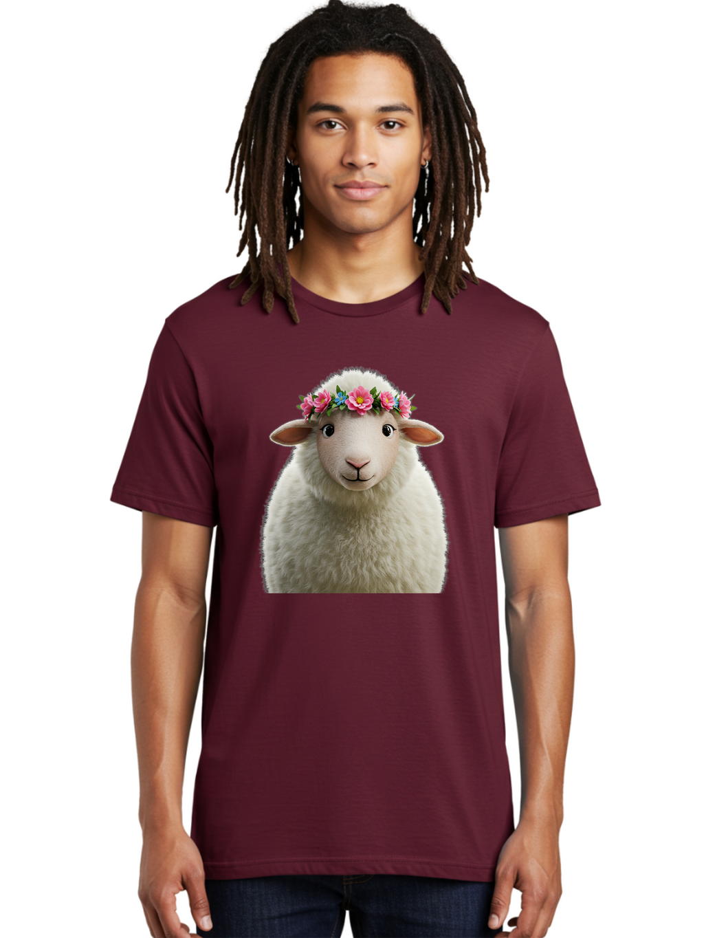 Floral-Sheep-Portrait Men'S Graphic Tee, 100% Cotton, Comfortable Casual Summer Wear, Machine Washable, White Sheep, Cartoon Sheep, Floral Crown, Pink Flowers, Blue Flowers, Cute Animal, Fluffy Fur, Friendly Face, Smiling Sheep, Spring Theme, Bad105