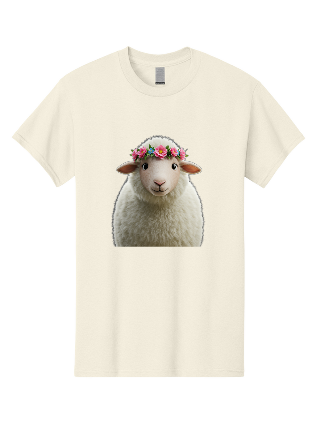 Floral-Sheep-Portrait Men'S Graphic Tee, 100% Cotton, Comfortable Casual Summer Wear, Machine Washable, White Sheep, Cartoon Sheep, Floral Crown, Pink Flowers, Blue Flowers, Cute Animal, Fluffy Fur, Friendly Face, Smiling Sheep, Spring Theme, Bad105