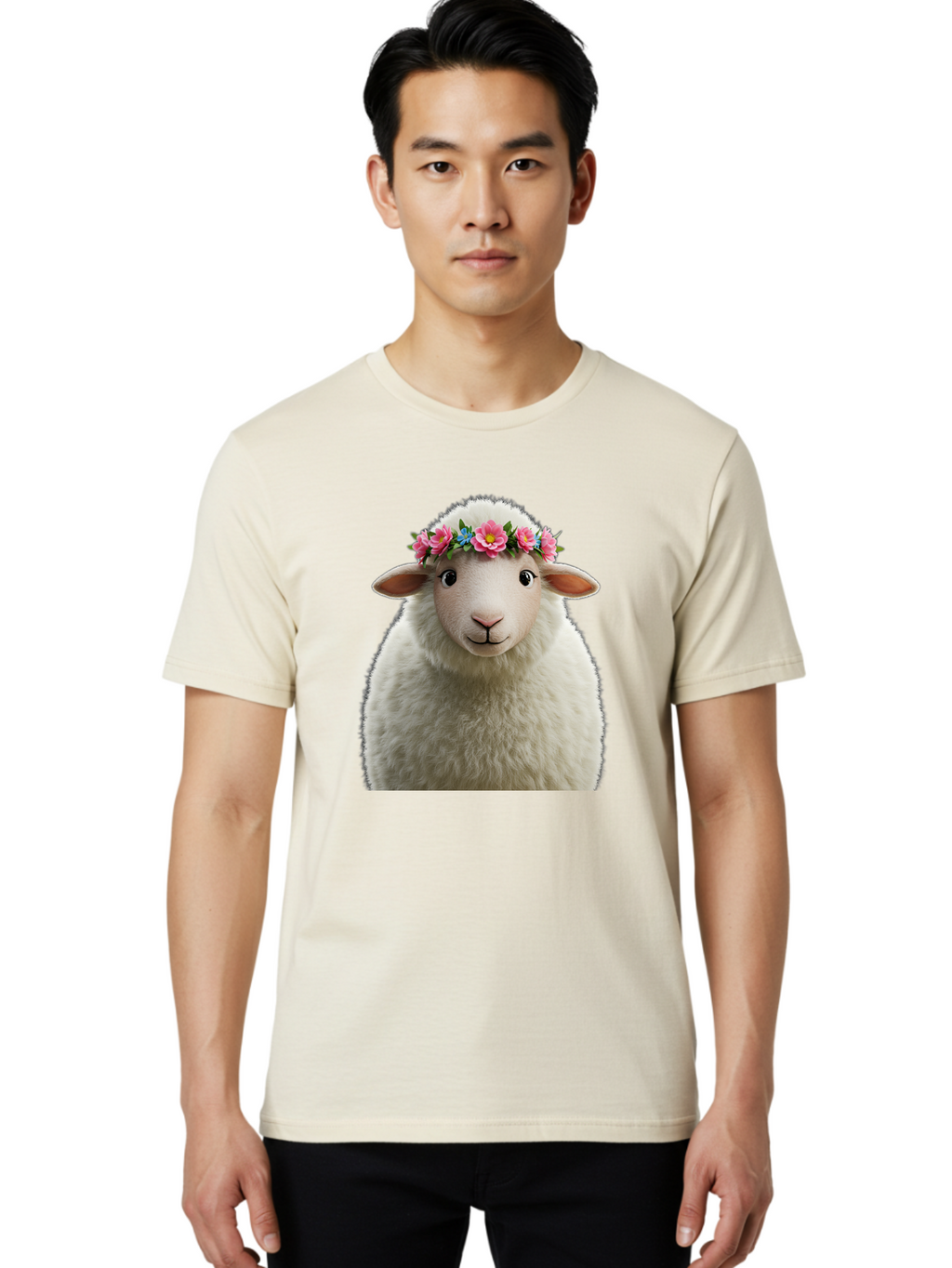 Floral-Sheep-Portrait Men'S Graphic Tee, 100% Cotton, Comfortable Casual Summer Wear, Machine Washable, White Sheep, Cartoon Sheep, Floral Crown, Pink Flowers, Blue Flowers, Cute Animal, Fluffy Fur, Friendly Face, Smiling Sheep, Spring Theme, Bad105
