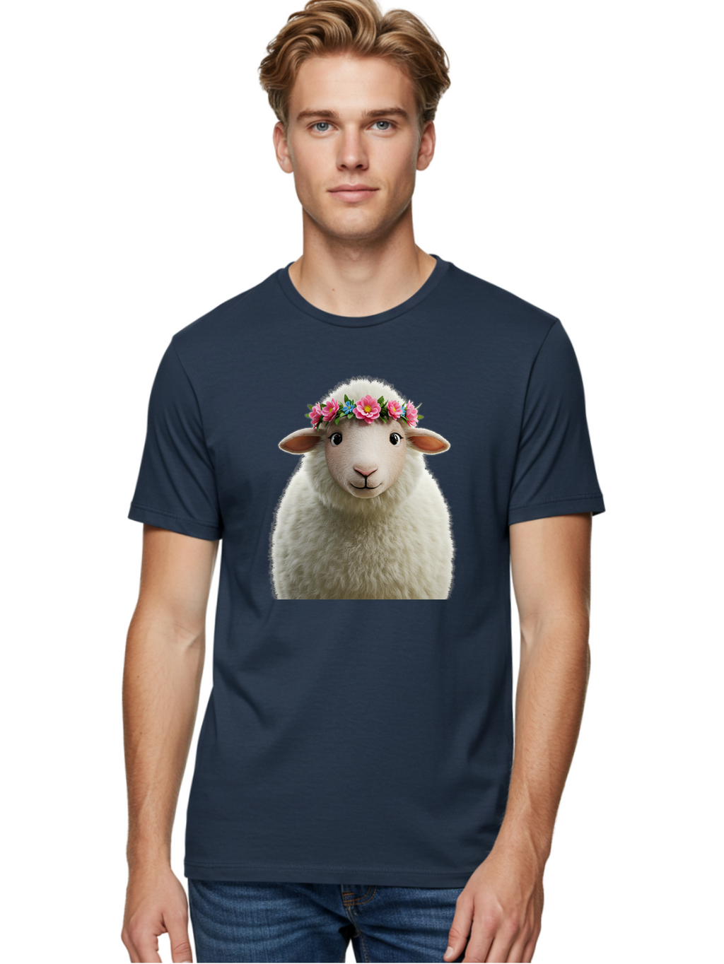 Floral-Sheep-Portrait Men'S Graphic Tee, 100% Cotton, Comfortable Casual Summer Wear, Machine Washable, White Sheep, Cartoon Sheep, Floral Crown, Pink Flowers, Blue Flowers, Cute Animal, Fluffy Fur, Friendly Face, Smiling Sheep, Spring Theme, Bad105