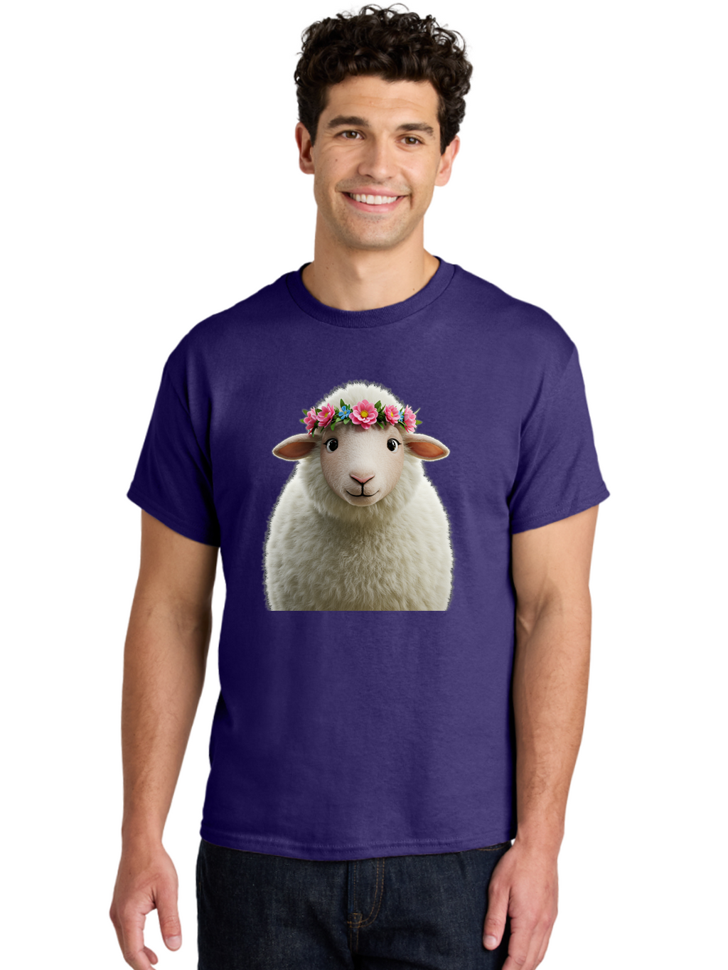 Floral-Sheep-Portrait Men'S Graphic Tee, 100% Cotton, Comfortable Casual Summer Wear, Machine Washable, White Sheep, Cartoon Sheep, Floral Crown, Pink Flowers, Blue Flowers, Cute Animal, Fluffy Fur, Friendly Face, Smiling Sheep, Spring Theme, Bad105
