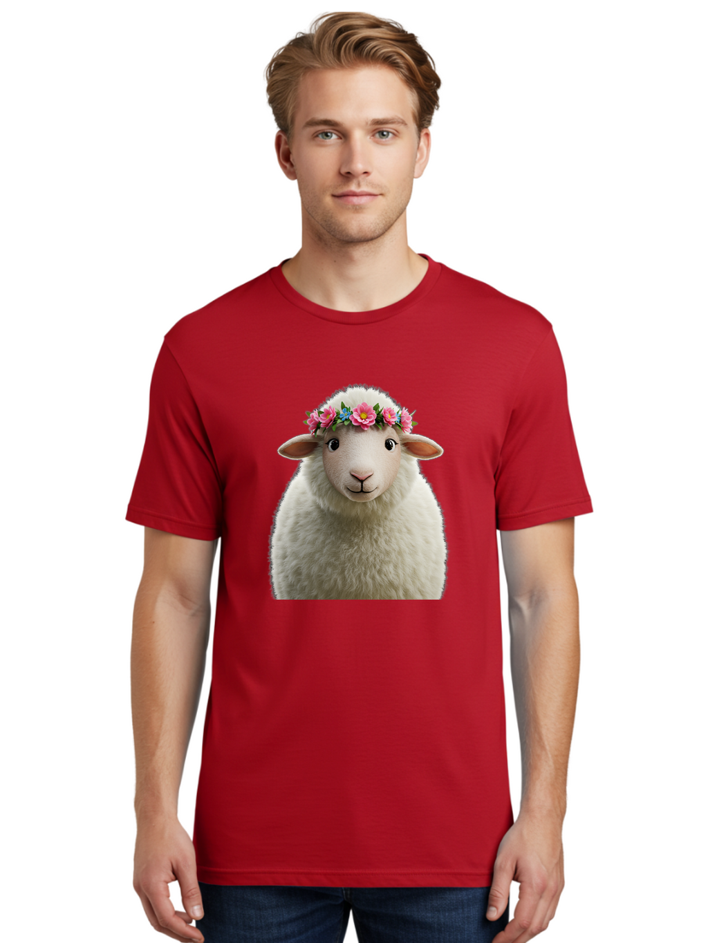 Floral-Sheep-Portrait Men'S Graphic Tee, 100% Cotton, Comfortable Casual Summer Wear, Machine Washable, White Sheep, Cartoon Sheep, Floral Crown, Pink Flowers, Blue Flowers, Cute Animal, Fluffy Fur, Friendly Face, Smiling Sheep, Spring Theme, Bad105