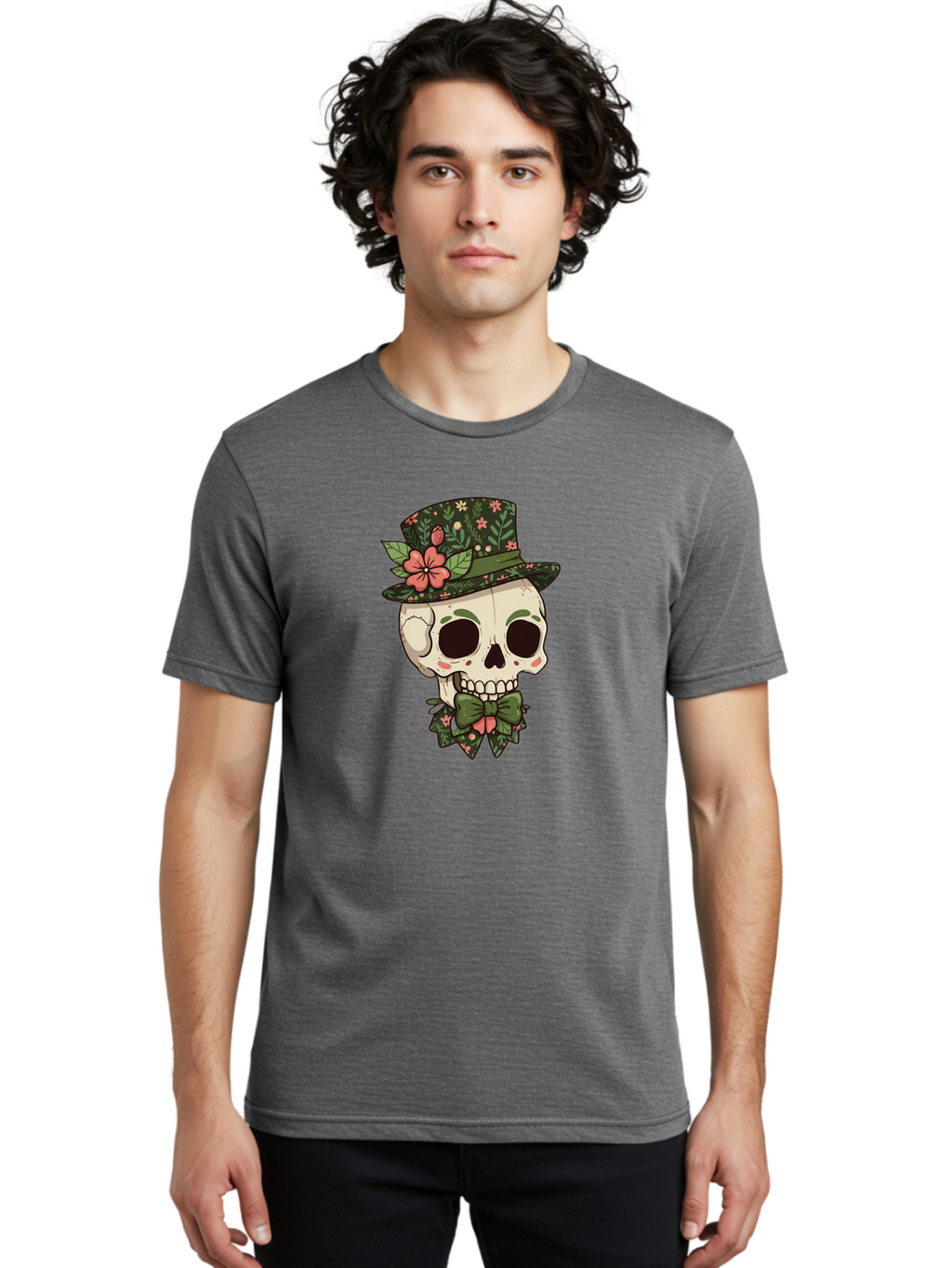 Floral-Skull Men'S Graphic Tee, 100% Cotton, Comfortable Casual Summer Wear, Machine Washable, Skull With Hat, Floral Pattern, Bow Tie, Sugar Skull, Day Of The Dead, Gothic Chic, Floral Accessories, Vintage Style Bad106