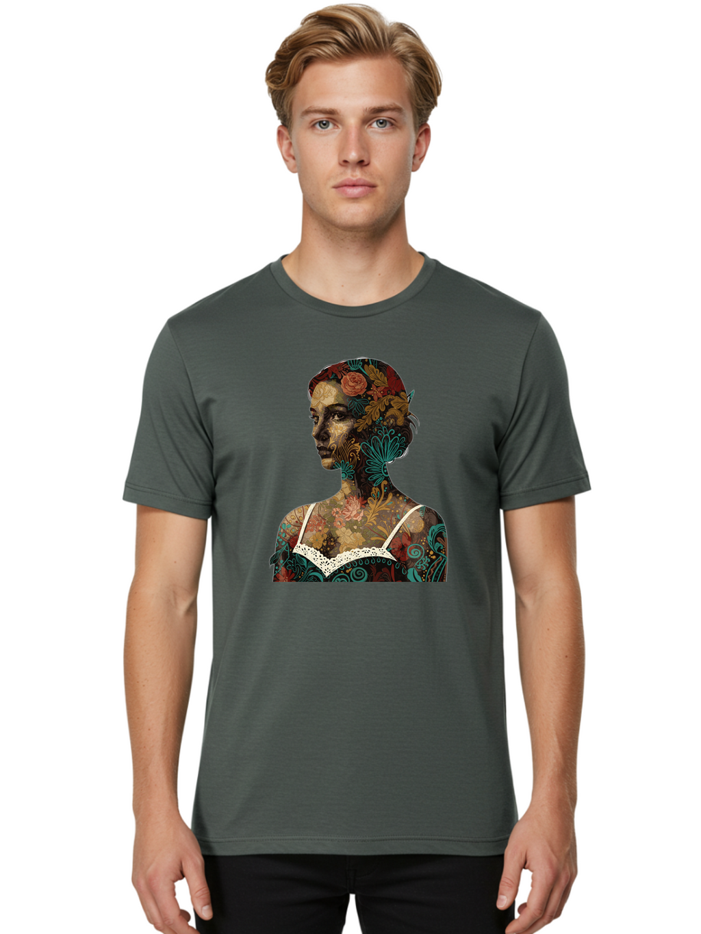 Floral-Woman Men'S Graphic Tee, 100% Cotton, Comfortable Casual Summer Wear, Machine Washable, Woman'S Profile, Floral Patterns, Intricate Designs, Vibrant Colors, Bohemian Style, Artistic Expression, Digital Art, Floral Motifs, Bad107