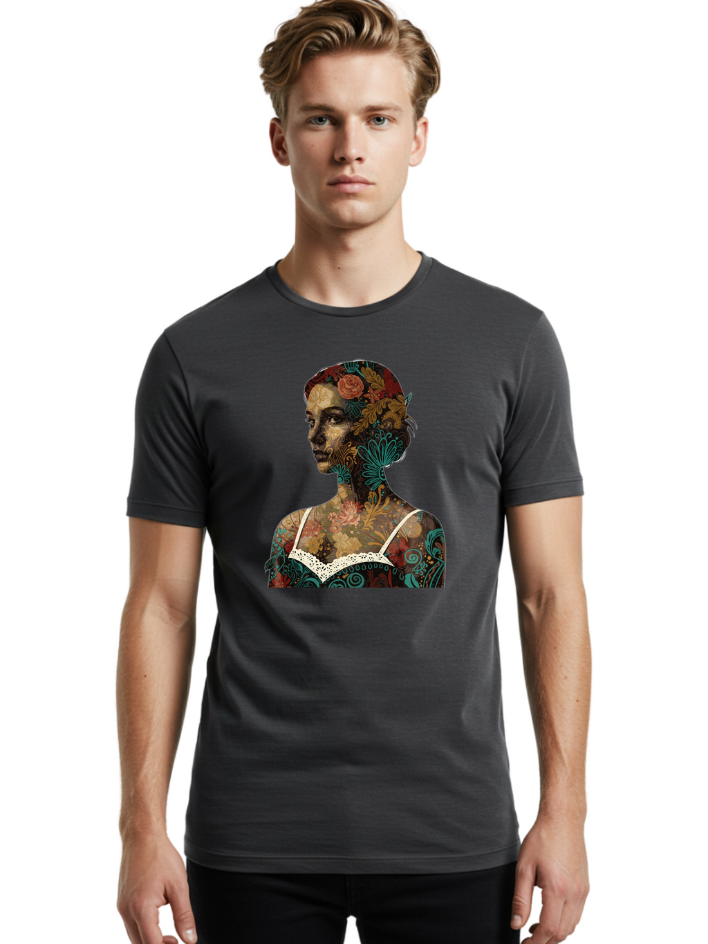 Floral-Woman Men'S Graphic Tee, 100% Cotton, Comfortable Casual Summer Wear, Machine Washable, Woman'S Profile, Floral Patterns, Intricate Designs, Vibrant Colors, Bohemian Style, Artistic Expression, Digital Art, Floral Motifs, Bad107
