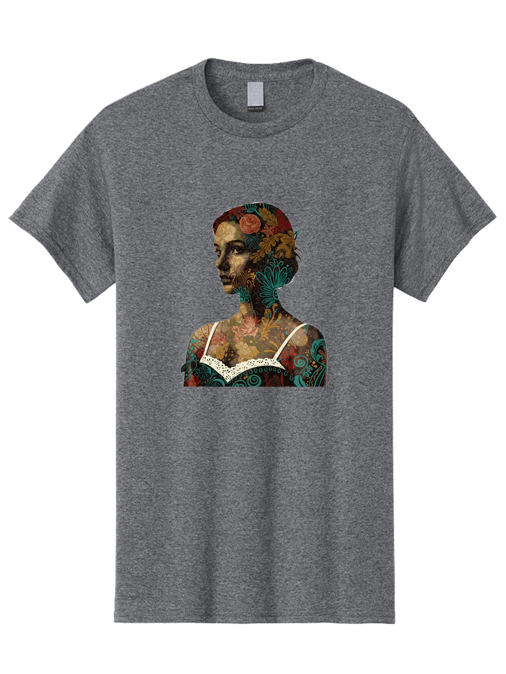 Floral-Woman Men'S Graphic Tee, 100% Cotton, Comfortable Casual Summer Wear, Machine Washable, Woman'S Profile, Floral Patterns, Intricate Designs, Vibrant Colors, Bohemian Style, Artistic Expression, Digital Art, Floral Motifs, Bad107