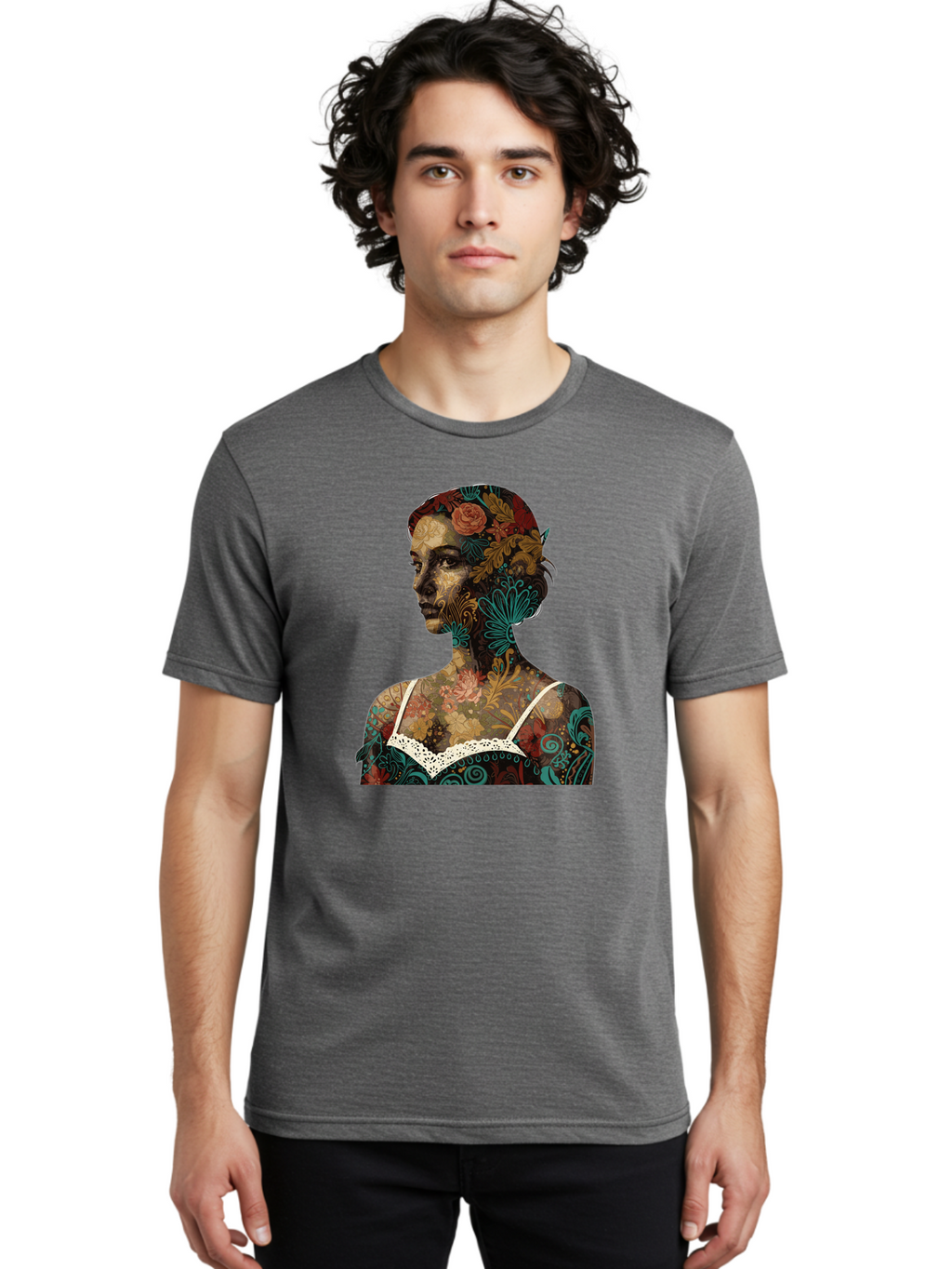 Floral-Woman Men'S Graphic Tee, 100% Cotton, Comfortable Casual Summer Wear, Machine Washable, Woman'S Profile, Floral Patterns, Intricate Designs, Vibrant Colors, Bohemian Style, Artistic Expression, Digital Art, Floral Motifs, Bad107
