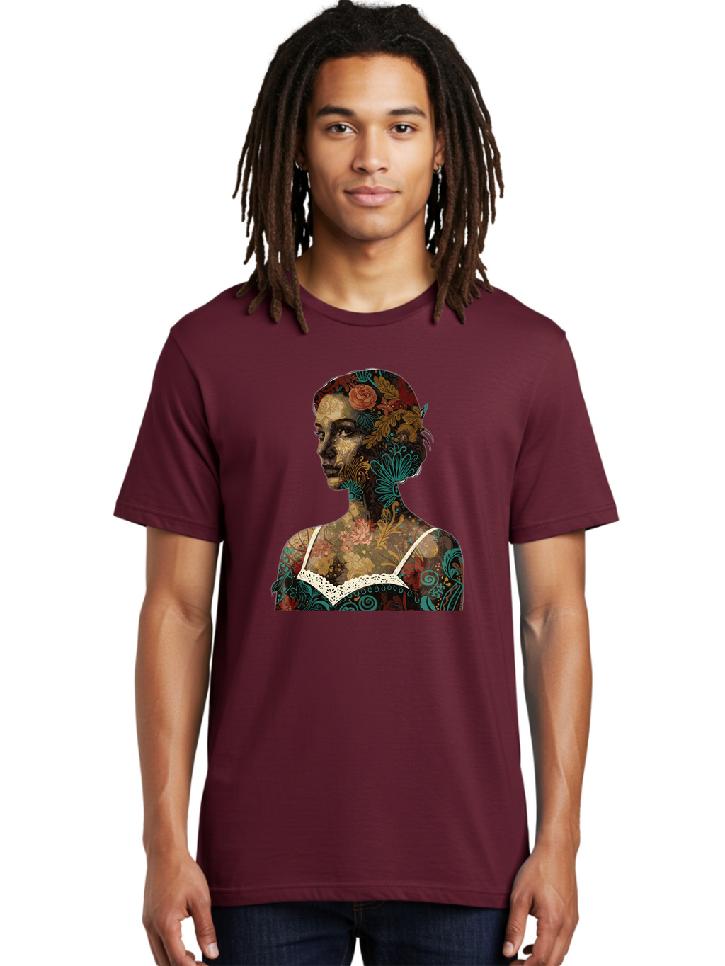 Floral-Woman Men'S Graphic Tee, 100% Cotton, Comfortable Casual Summer Wear, Machine Washable, Woman'S Profile, Floral Patterns, Intricate Designs, Vibrant Colors, Bohemian Style, Artistic Expression, Digital Art, Floral Motifs, Bad107