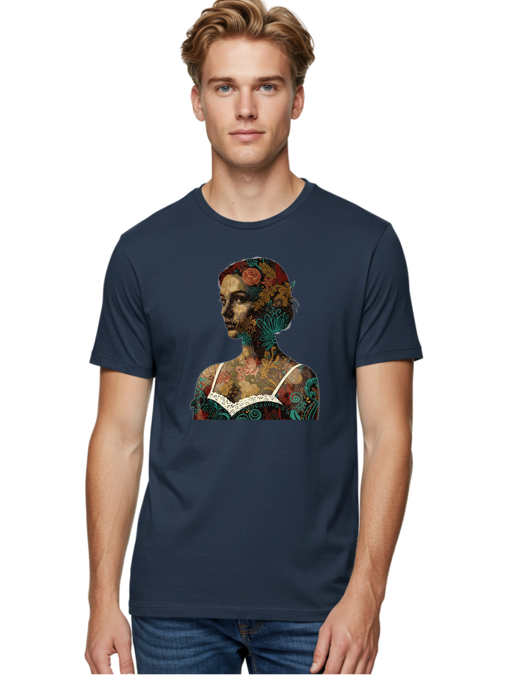 Floral-Woman Men'S Graphic Tee, 100% Cotton, Comfortable Casual Summer Wear, Machine Washable, Woman'S Profile, Floral Patterns, Intricate Designs, Vibrant Colors, Bohemian Style, Artistic Expression, Digital Art, Floral Motifs, Bad107