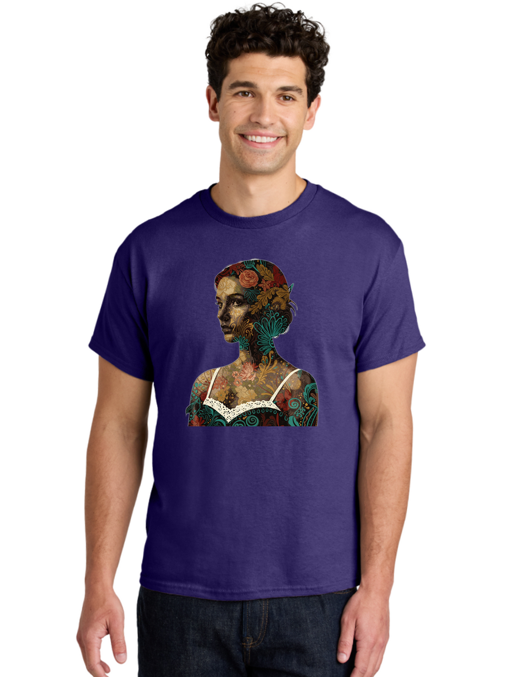 Floral-Woman Men'S Graphic Tee, 100% Cotton, Comfortable Casual Summer Wear, Machine Washable, Woman'S Profile, Floral Patterns, Intricate Designs, Vibrant Colors, Bohemian Style, Artistic Expression, Digital Art, Floral Motifs, Bad107