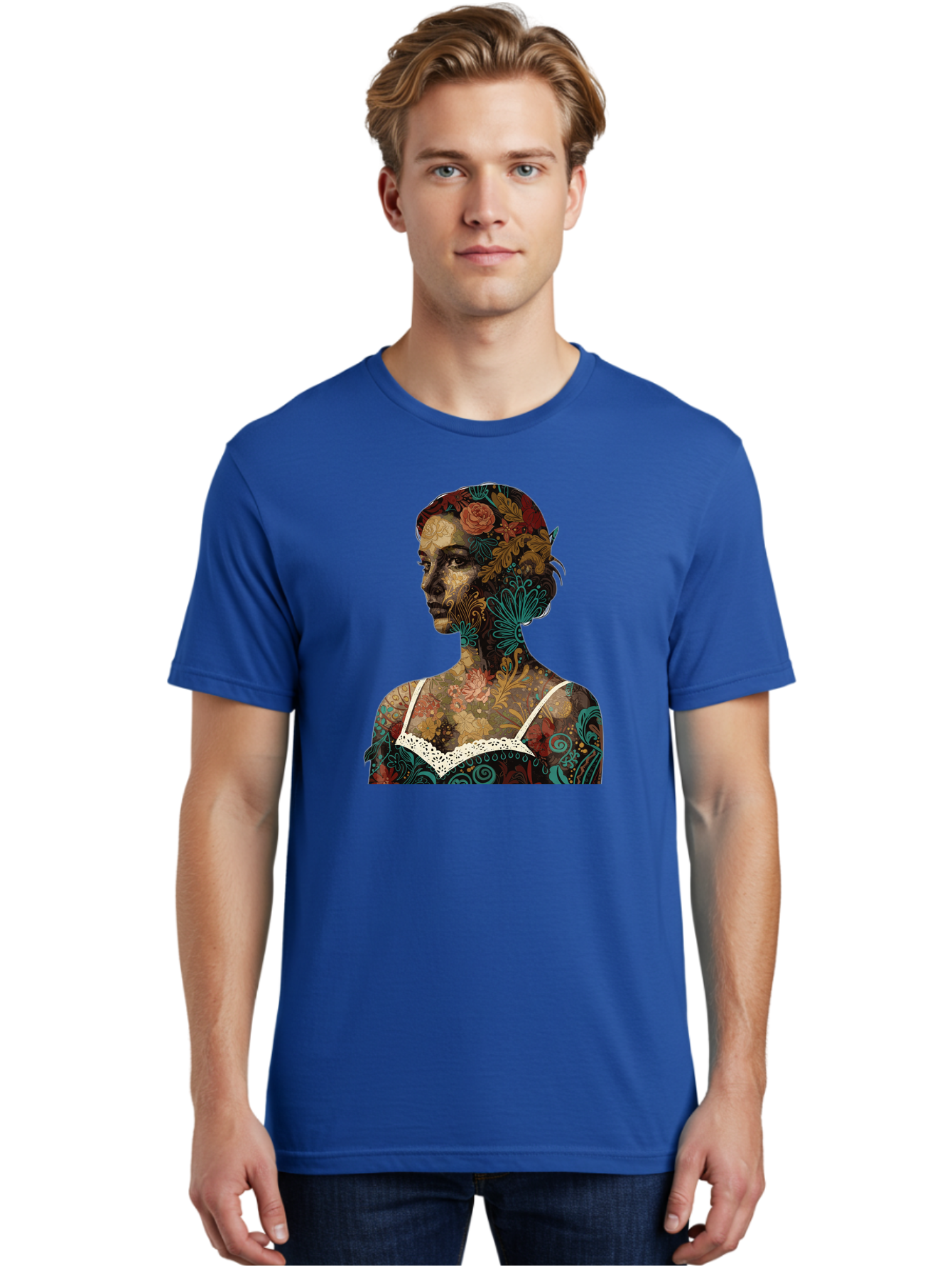 Floral-Woman Men'S Graphic Tee, 100% Cotton, Comfortable Casual Summer Wear, Machine Washable, Woman'S Profile, Floral Patterns, Intricate Designs, Vibrant Colors, Bohemian Style, Artistic Expression, Digital Art, Floral Motifs, Bad107