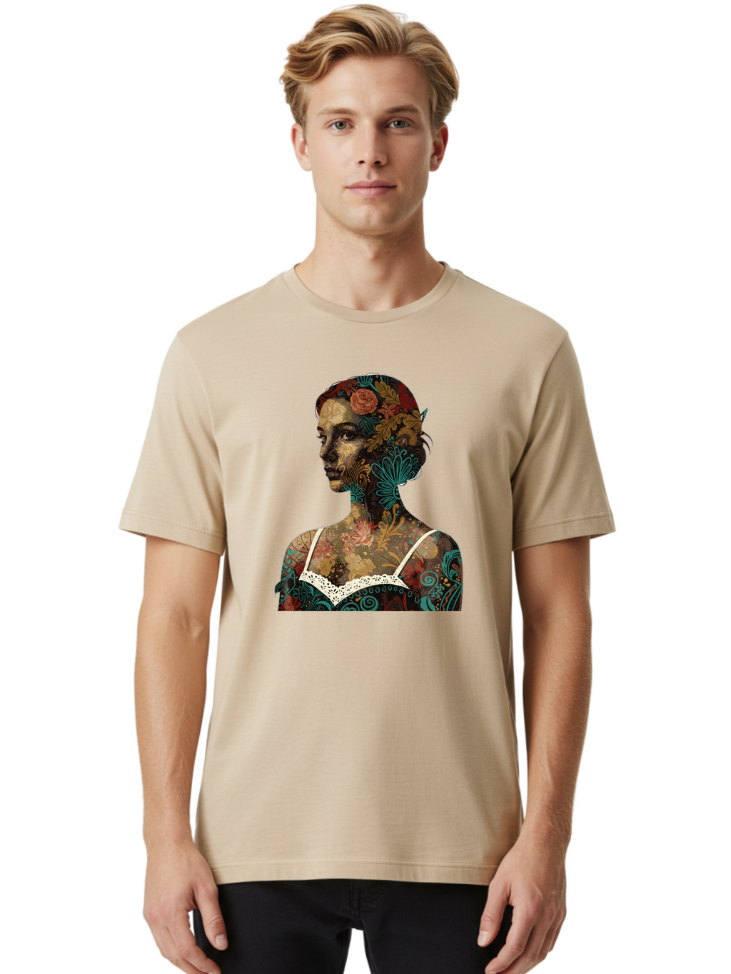 Floral-Woman Men'S Graphic Tee, 100% Cotton, Comfortable Casual Summer Wear, Machine Washable, Woman'S Profile, Floral Patterns, Intricate Designs, Vibrant Colors, Bohemian Style, Artistic Expression, Digital Art, Floral Motifs, Bad107