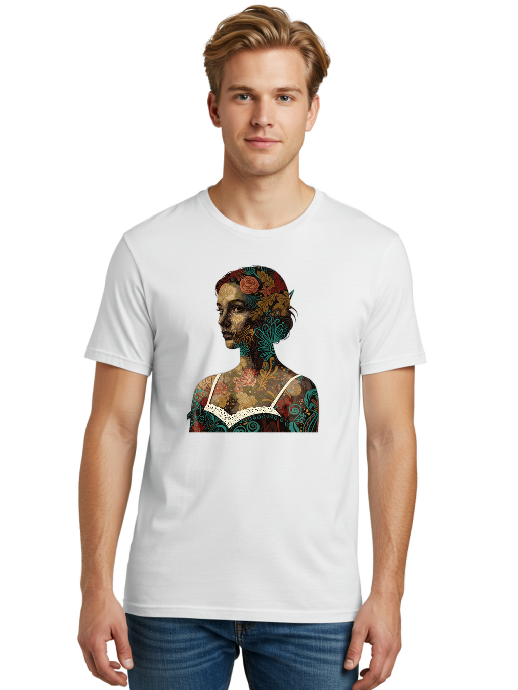 Floral-Woman Men'S Graphic Tee, 100% Cotton, Comfortable Casual Summer Wear, Machine Washable, Woman'S Profile, Floral Patterns, Intricate Designs, Vibrant Colors, Bohemian Style, Artistic Expression, Digital Art, Floral Motifs, Bad107