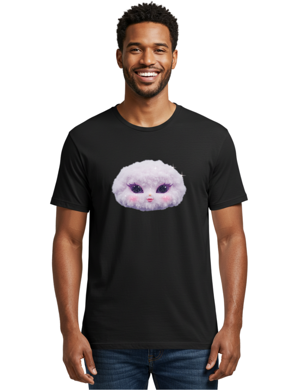 Fluffy-Cloud-Pet Men'S Graphic Tee, 100% Cotton, Comfortable Casual Summer Wear, Machine Washable, Cute Cartoon Character, Fluffy White Pom, Pink Cheeks, Purple Eyes, Sparkly Eyelashes, Sweet Expression, Children'S Illustration, Bad108