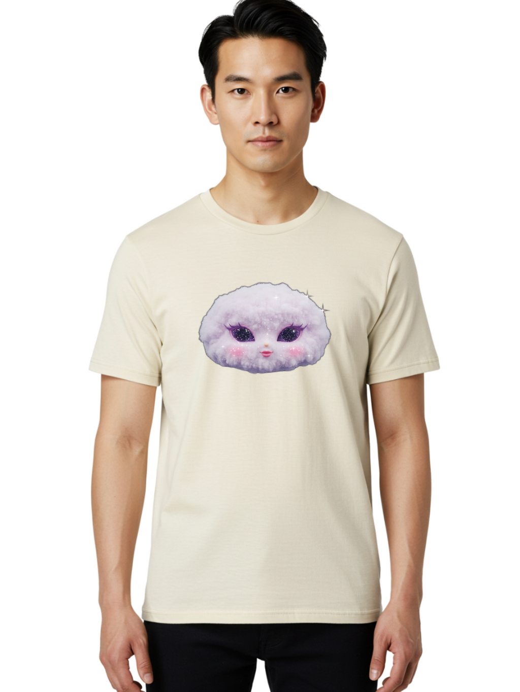 Fluffy-Cloud-Pet Men'S Graphic Tee, 100% Cotton, Comfortable Casual Summer Wear, Machine Washable, Cute Cartoon Character, Fluffy White Pom, Pink Cheeks, Purple Eyes, Sparkly Eyelashes, Sweet Expression, Children'S Illustration, Bad108