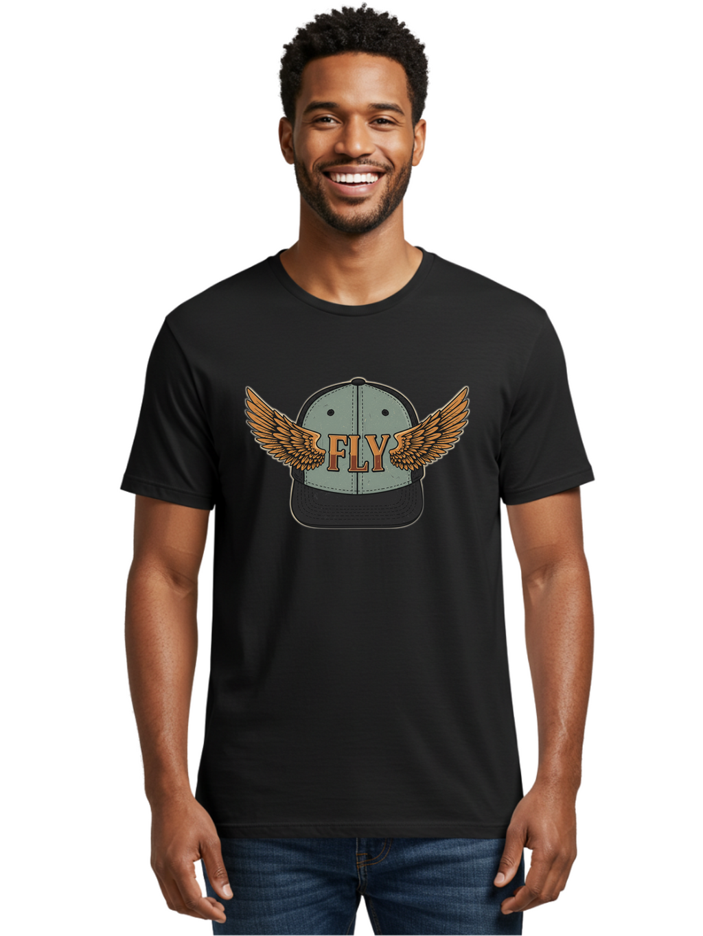 Fly-Baseball-Cap Men'S Graphic Tee, 100% Cotton, Comfortable Casual Summer Wear, Machine Washable, Baseball Cap With Wings, Fly Logo, Fashion Accessory, Streetwear Style, Winged Design, Casual Wear, Trendy Apparel, Hat With Wings Bad109