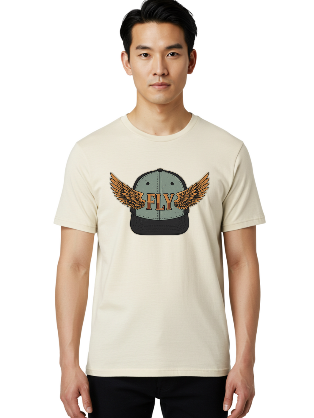 Fly-Baseball-Cap Men'S Graphic Tee, 100% Cotton, Comfortable Casual Summer Wear, Machine Washable, Baseball Cap With Wings, Fly Logo, Fashion Accessory, Streetwear Style, Winged Design, Casual Wear, Trendy Apparel, Hat With Wings Bad109