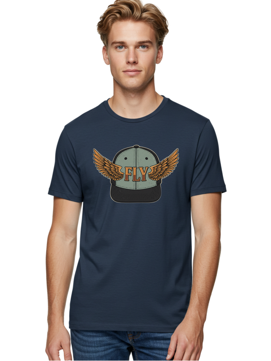 Fly-Baseball-Cap Men'S Graphic Tee, 100% Cotton, Comfortable Casual Summer Wear, Machine Washable, Baseball Cap With Wings, Fly Logo, Fashion Accessory, Streetwear Style, Winged Design, Casual Wear, Trendy Apparel, Hat With Wings Bad109