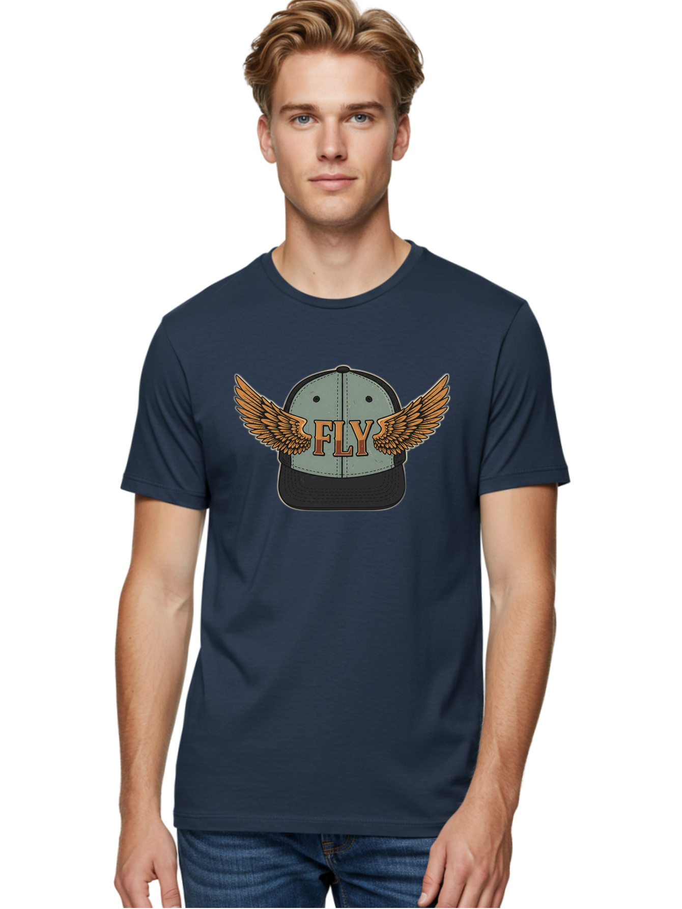 Fly-Baseball-Cap Men'S Graphic Tee, 100% Cotton, Comfortable Casual Summer Wear, Machine Washable, Baseball Cap With Wings, Fly Logo, Fashion Accessory, Streetwear Style, Winged Design, Casual Wear, Trendy Apparel, Hat With Wings Bad109