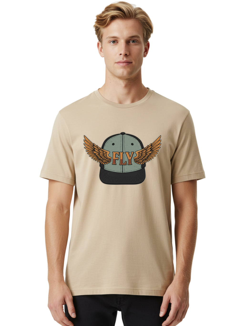 Fly-Baseball-Cap Men'S Graphic Tee, 100% Cotton, Comfortable Casual Summer Wear, Machine Washable, Baseball Cap With Wings, Fly Logo, Fashion Accessory, Streetwear Style, Winged Design, Casual Wear, Trendy Apparel, Hat With Wings Bad109