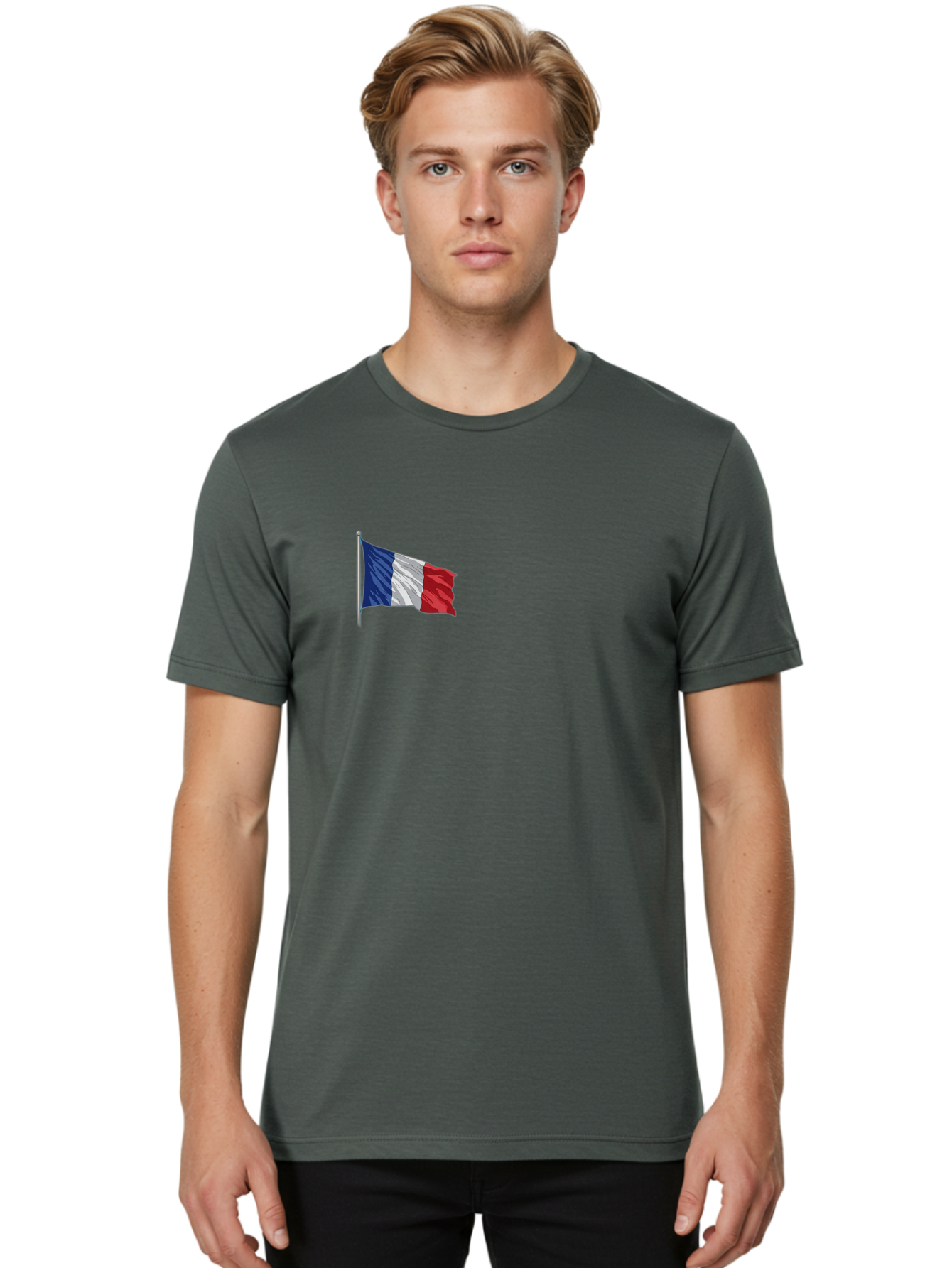 French-Flag Men'S Graphic Tee, 100% Cotton, Comfortable Casual Summer Wear, Machine Washable, French Flag Waving, National Symbol, France, Tricolor, Blue White And Red, Patriotic, Waving Flag, French Culture, Iconic Emblem, Country Flag Bad110