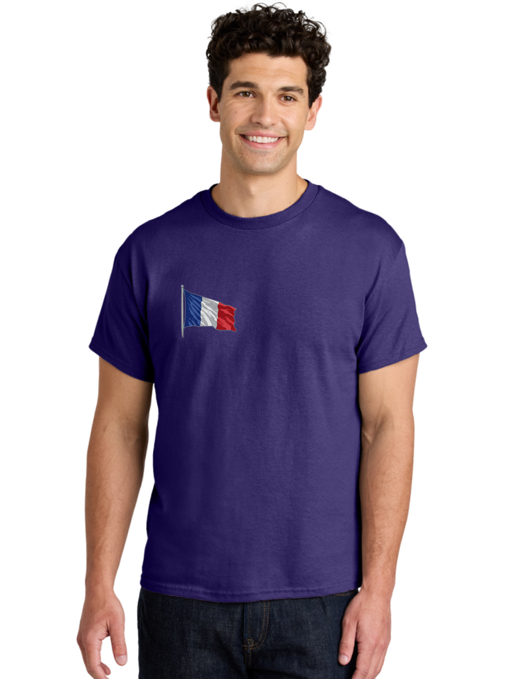 French-Flag Men'S Graphic Tee, 100% Cotton, Comfortable Casual Summer Wear, Machine Washable, French Flag Waving, National Symbol, France, Tricolor, Blue White And Red, Patriotic, Waving Flag, French Culture, Iconic Emblem, Country Flag Bad110