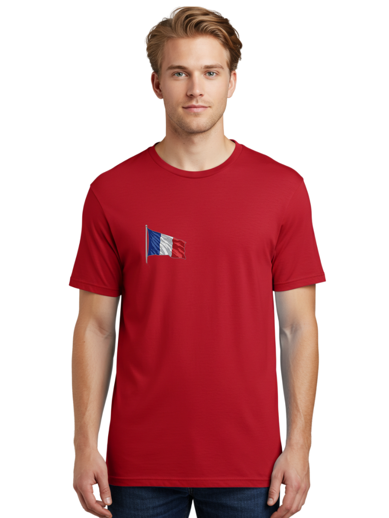 French-Flag Men'S Graphic Tee, 100% Cotton, Comfortable Casual Summer Wear, Machine Washable, French Flag Waving, National Symbol, France, Tricolor, Blue White And Red, Patriotic, Waving Flag, French Culture, Iconic Emblem, Country Flag Bad110