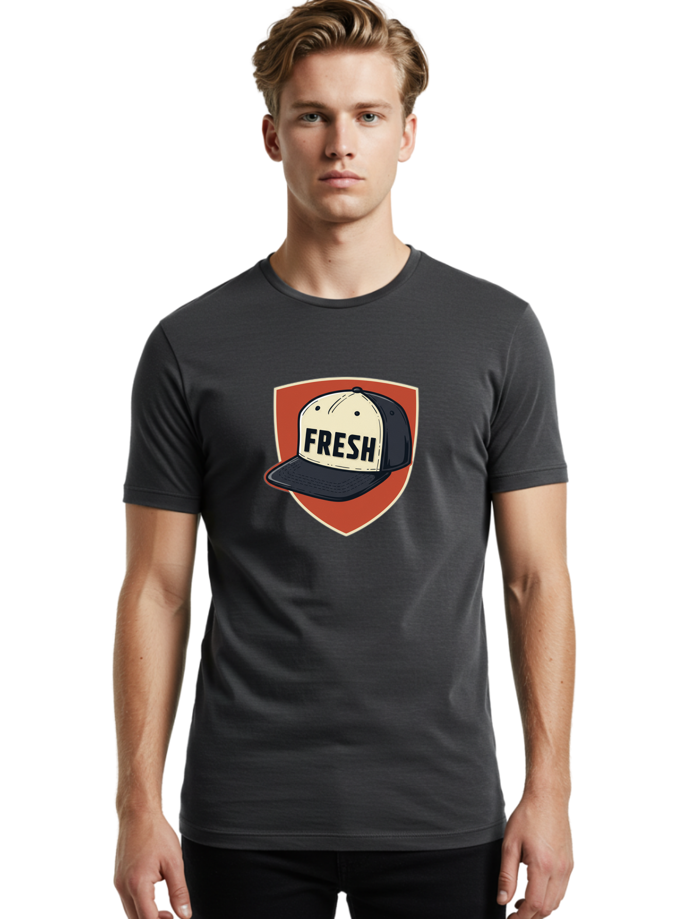 Fresh-Baseball-Cap Men'S Graphic Tee, 100% Cotton, Comfortable Casual Summer Wear, Machine Washable, Baseball Cap, Trendy Fashion, Streetwear Style, Fresh Branding, Stylish Accessories, Bold Design, Black And White Colors, Shield Icon Bad111