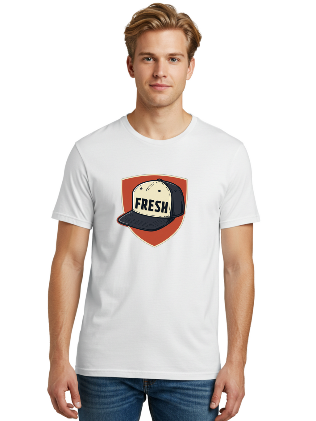 Fresh-Baseball-Cap Men'S Graphic Tee, 100% Cotton, Comfortable Casual Summer Wear, Machine Washable, Baseball Cap, Trendy Fashion, Streetwear Style, Fresh Branding, Stylish Accessories, Bold Design, Black And White Colors, Shield Icon Bad111