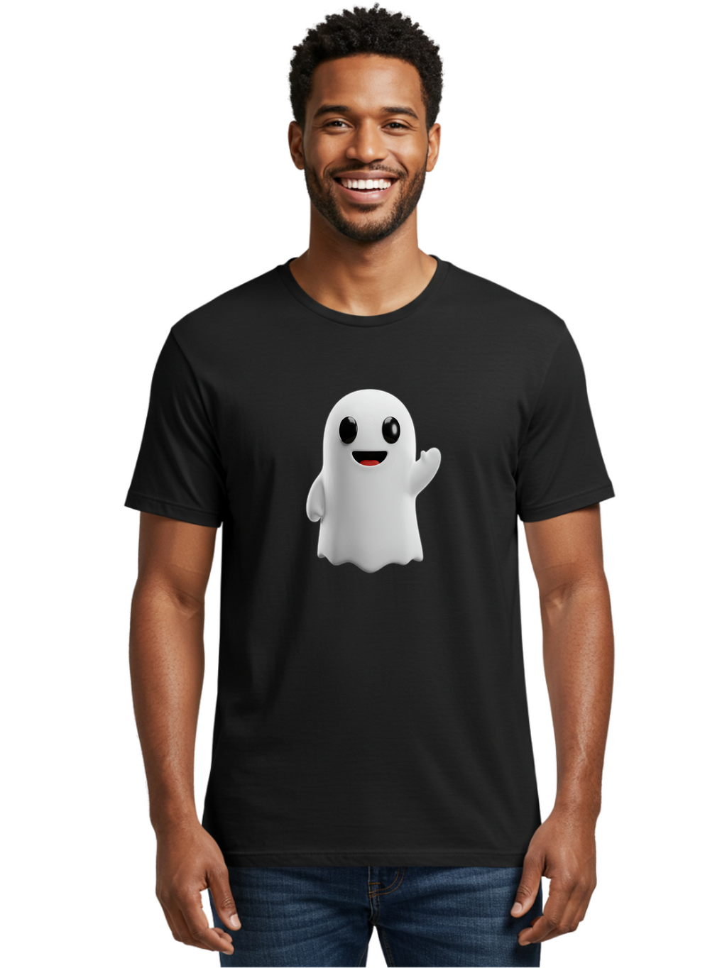 Friendly-Ghost Men'S Graphic Tee, 100% Cotton, Comfortable Casual Summer Wear, Machine Washable, Cartoon Ghost Character, Friendly Ghost, Smiling Ghost, Waving Ghost, Cute Ghost, 3D Rendering, Halloween Theme, Playful Character, Bad112