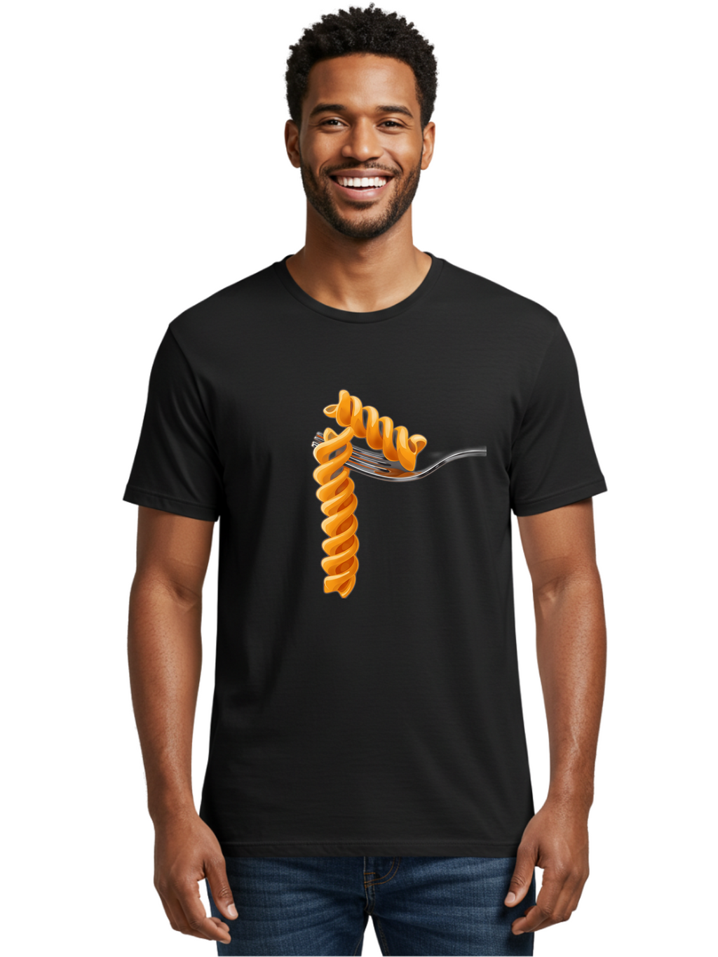 Fusilli-On-Fork Men'S Graphic Tee, 100% Cotton, Comfortable Casual Summer Wear, Machine Washable, Fusilli Pasta, Spiral Pasta, Fork, Italian Cuisine, Delicious Meal, Tasty Food, Pasta Dish, Culinary Delight Bad113