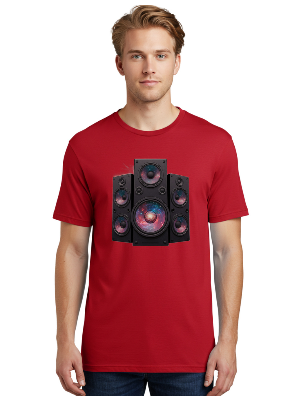 Galaxy-Speakers Men'S Graphic Tee, 100% Cotton, Comfortable Casual Summer Wear, Machine Washable, Home Theater System, Surround Sound Speakers, Galaxy Design, Space-Themed Decor, Audio Equipment, Immersive Sound Experience, Bad114