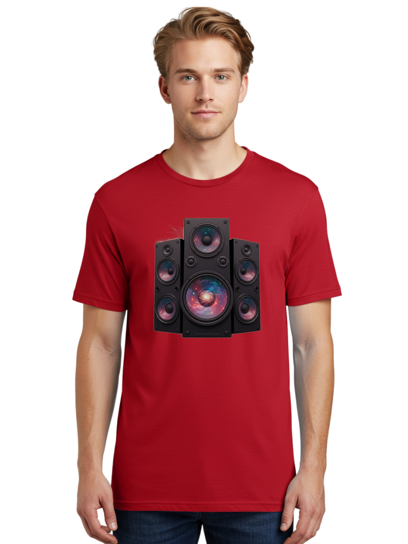 Galaxy-Speakers Men'S Graphic Tee, 100% Cotton, Comfortable Casual Summer Wear, Machine Washable, Home Theater System, Surround Sound Speakers, Galaxy Design, Space-Themed Decor, Audio Equipment, Immersive Sound Experience, Bad114