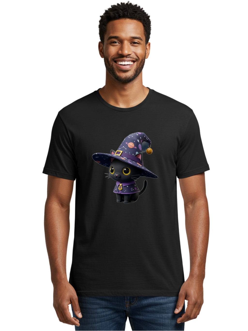 Galaxy-Witch-Cat Men'S Graphic Tee, 100% Cotton, Comfortable Casual Summer Wear, Machine Washable, Black Cat In Witch Costume, Galaxy-Themed Hat, Celestial Design, Yellow Eyes, Magical Atmosphere, Halloween Icon, Adorable Character, Bad115