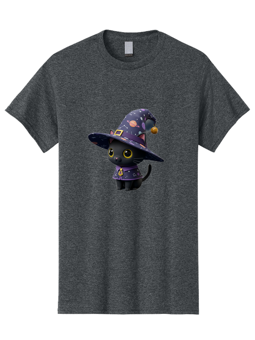 Galaxy-Witch-Cat Men'S Graphic Tee, 100% Cotton, Comfortable Casual Summer Wear, Machine Washable, Black Cat In Witch Costume, Galaxy-Themed Hat, Celestial Design, Yellow Eyes, Magical Atmosphere, Halloween Icon, Adorable Character, Bad115