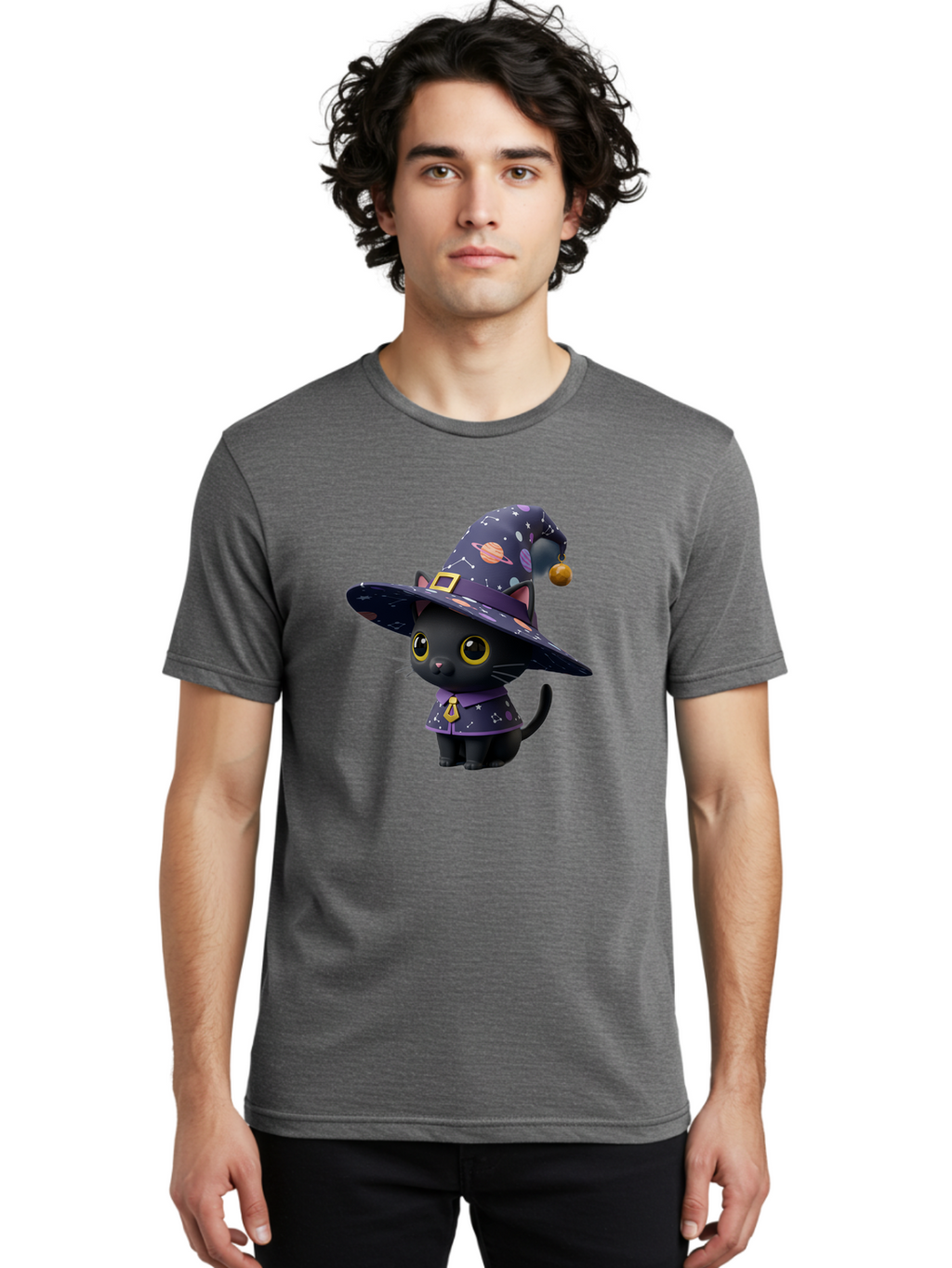 Galaxy-Witch-Cat Men'S Graphic Tee, 100% Cotton, Comfortable Casual Summer Wear, Machine Washable, Black Cat In Witch Costume, Galaxy-Themed Hat, Celestial Design, Yellow Eyes, Magical Atmosphere, Halloween Icon, Adorable Character, Bad115