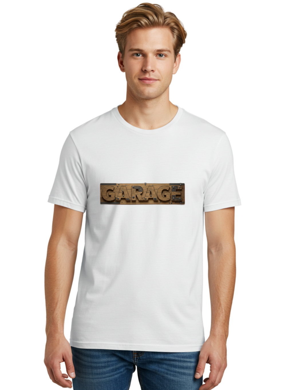 Garage Men'S Graphic Tee, 100% Cotton, Comfortable Casual Summer Wear, Machine Washable, Wooden Sign, Wooden Letters, Metal Rivets, Garage Text, Rustic Signage, Vintage Style, Retro Aesthetic, Grunge Texture, Diy Decor Bad116