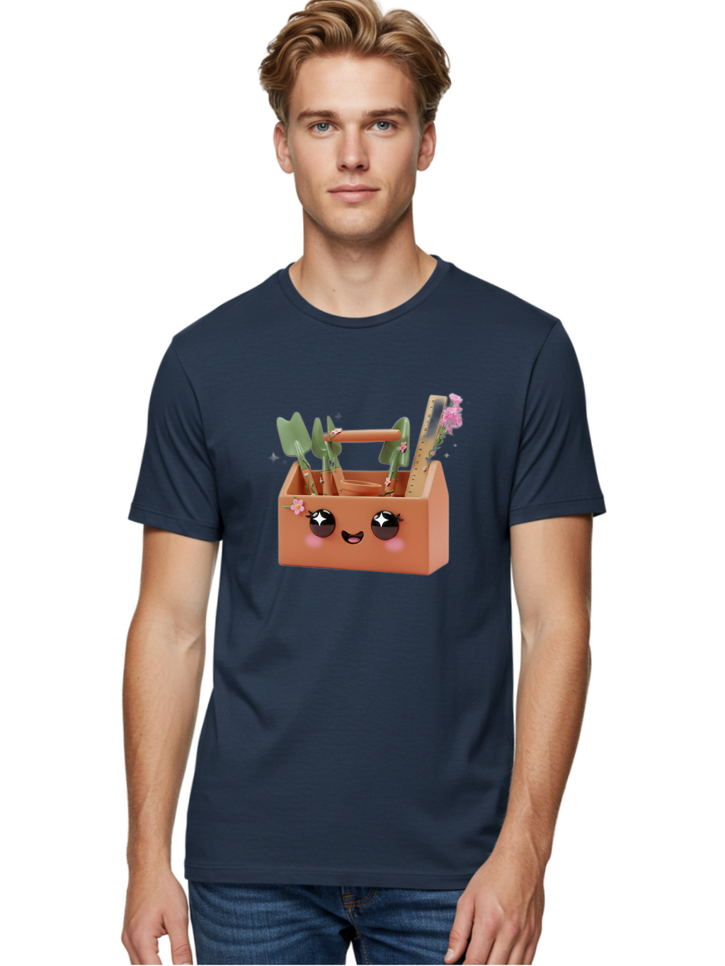 Gardening-Toolbox Men'S Graphic Tee, 100% Cotton, Comfortable Casual Summer Wear, Machine Washable, Gardening Tool Set, Adorable Storage Box, Cute Face Design, Gardening Tools, Flower Decorations, Small Plastic Shovel, Trowel, Rake, Bad118