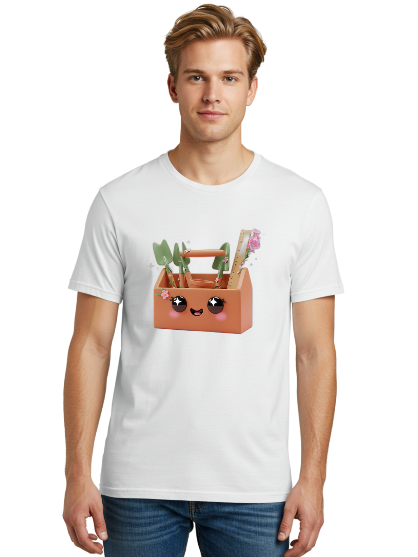 Gardening-Toolbox Men'S Graphic Tee, 100% Cotton, Comfortable Casual Summer Wear, Machine Washable, Gardening Tool Set, Adorable Storage Box, Cute Face Design, Gardening Tools, Flower Decorations, Small Plastic Shovel, Trowel, Rake, Bad118