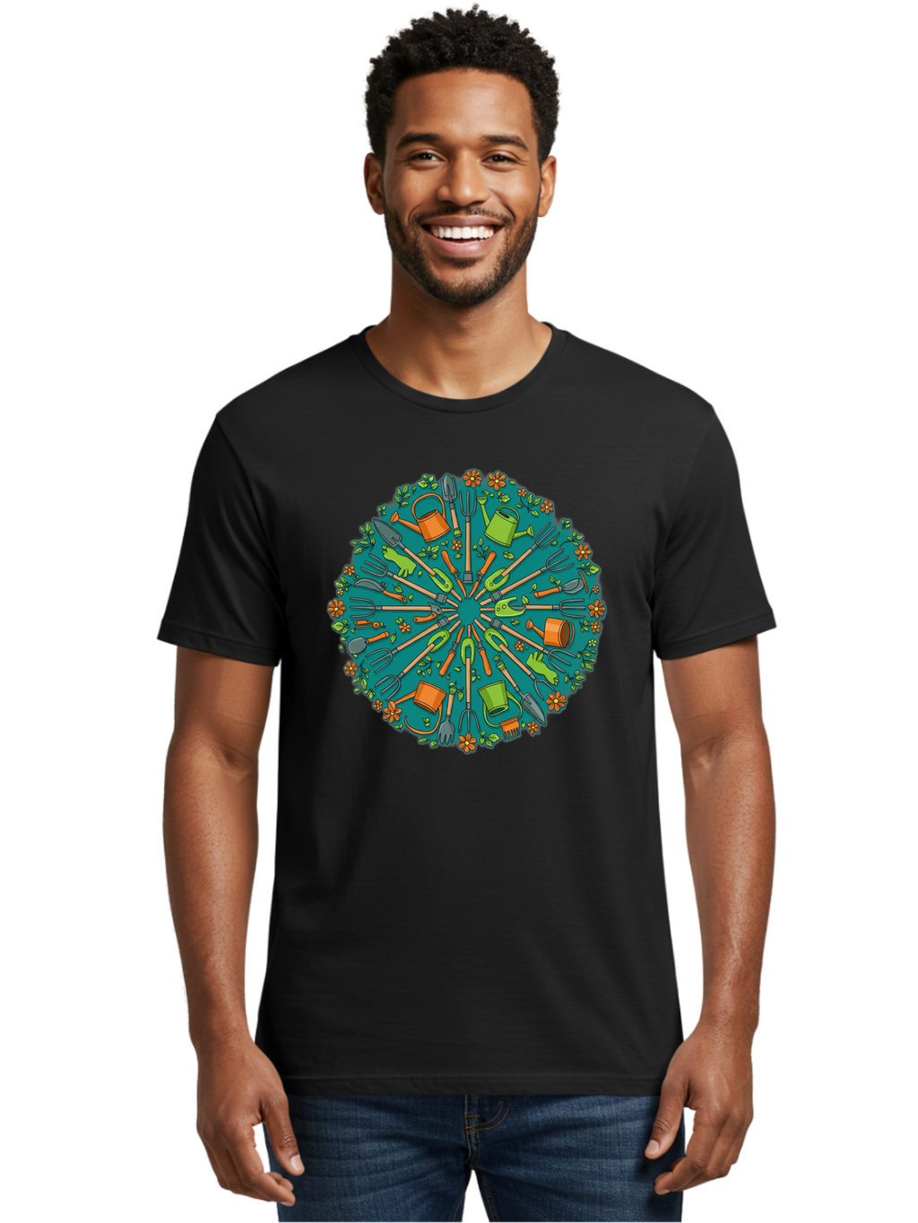 Gardening-Tools-Mandala Men'S Graphic Tee, 100% Cotton, Comfortable Casual Summer Wear, Machine Washable, Gardening Tools, Gardening Equipment, Watering Cans, Rakes, Shovels, Trowels, Gloves, Flower Arrangements, Garden Decor, Bad119