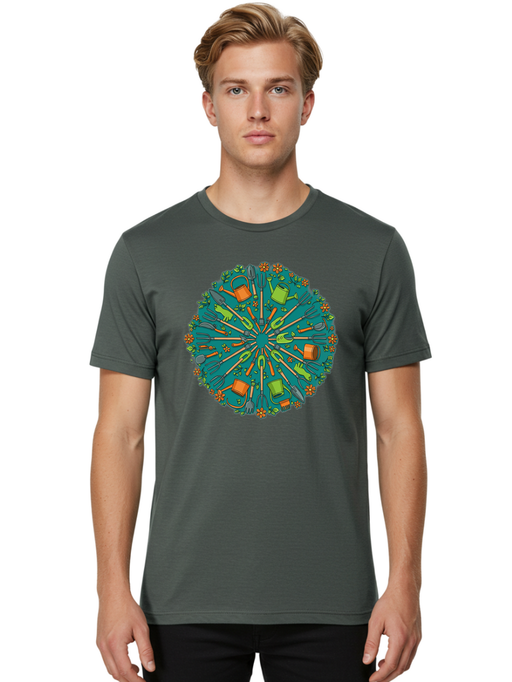 Gardening-Tools-Mandala Men'S Graphic Tee, 100% Cotton, Comfortable Casual Summer Wear, Machine Washable, Gardening Tools, Gardening Equipment, Watering Cans, Rakes, Shovels, Trowels, Gloves, Flower Arrangements, Garden Decor, Bad119