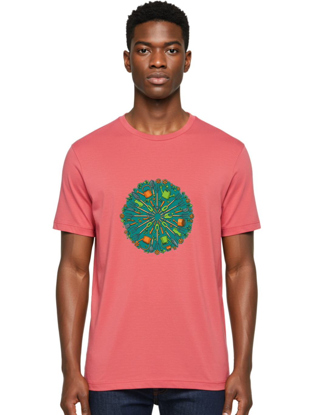 Gardening-Tools-Mandala Men'S Graphic Tee, 100% Cotton, Comfortable Casual Summer Wear, Machine Washable, Gardening Tools, Gardening Equipment, Watering Cans, Rakes, Shovels, Trowels, Gloves, Flower Arrangements, Garden Decor, Bad119