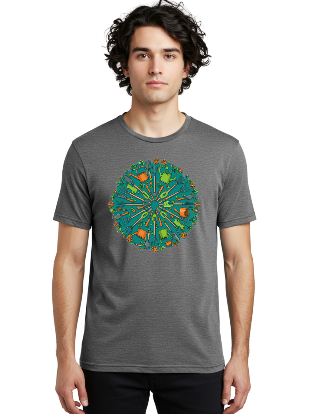 Gardening-Tools-Mandala Men'S Graphic Tee, 100% Cotton, Comfortable Casual Summer Wear, Machine Washable, Gardening Tools, Gardening Equipment, Watering Cans, Rakes, Shovels, Trowels, Gloves, Flower Arrangements, Garden Decor, Bad119