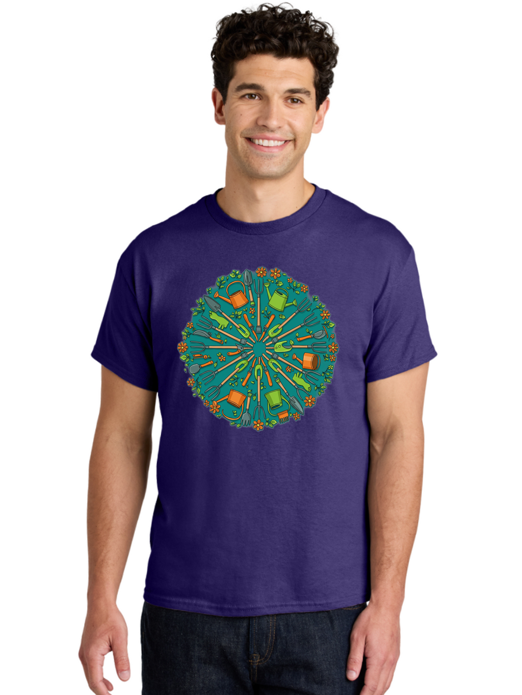 Gardening-Tools-Mandala Men'S Graphic Tee, 100% Cotton, Comfortable Casual Summer Wear, Machine Washable, Gardening Tools, Gardening Equipment, Watering Cans, Rakes, Shovels, Trowels, Gloves, Flower Arrangements, Garden Decor, Bad119